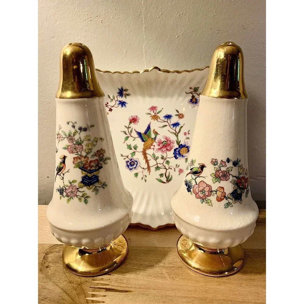 Vintage Hammersley Spode Bird Of Paradise Shakers & Tray Set Chintz Bone China